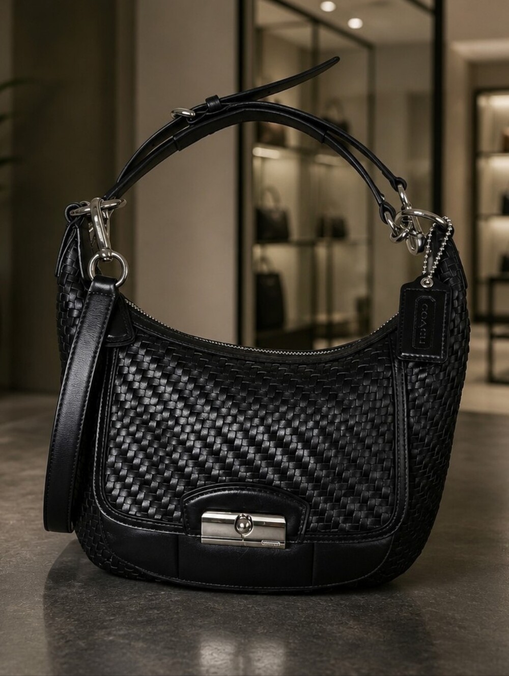 Coach Black Woven Leather Shoulder/Crossbody Bag with Silver Hardware LIKE NEW